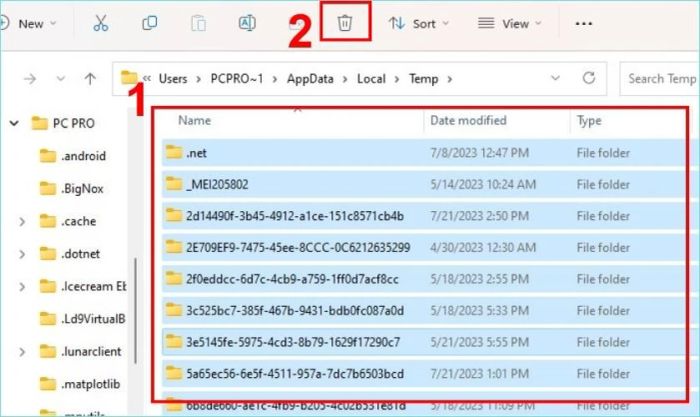 Chọn các tệp cần xóa và thực hiện xóa