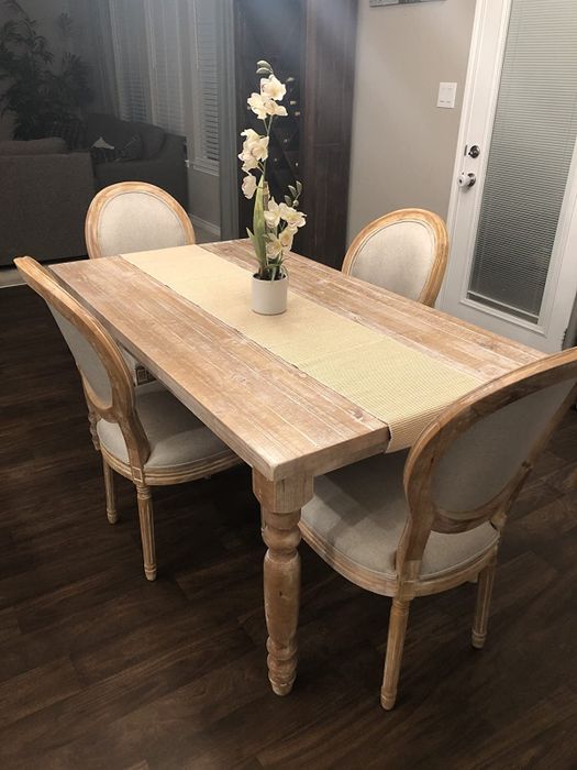 a review photo showing four chairs arranged around a dining table