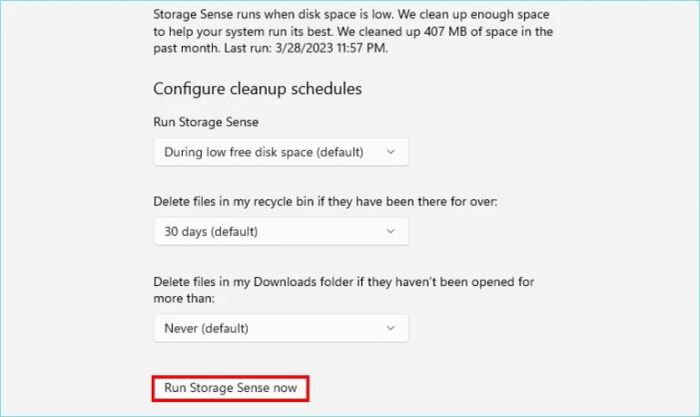 Nhấn vào Run Storage Sense now