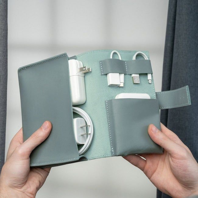 Hands holding a compact travel case filled with various electronic chargers and cables, all neatly organized in their own compartments