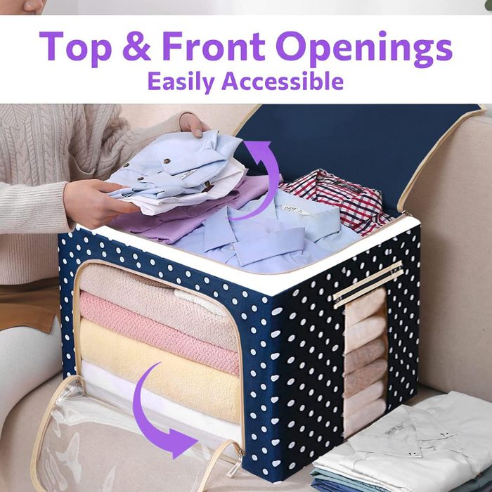 A person organizing clothes inside a polka-dotted storage bin with top and front openings, designed for easy access