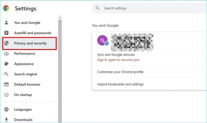 Chọn vào tab Quyền riêng tư và bảo mật (Privacy and security)