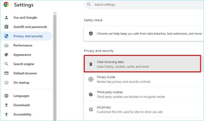 Chọn mục Xóa dữ liệu duyệt web (Clear browsing data)