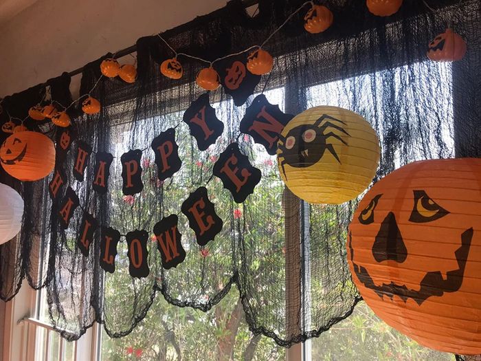 the black cloth hanging in front of a reviewer's window, surrounded by other Halloween decorations