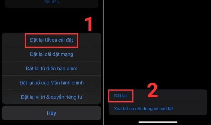 Đến đây, bạn chọn Đặt lại tất cả cài đặt, sau đó xác nhận bằng cách nhấn vào Đặt lại