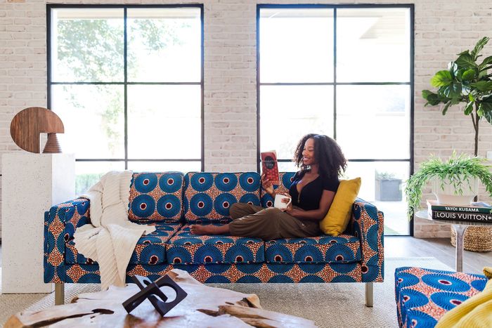 the couch featuring the blue print design