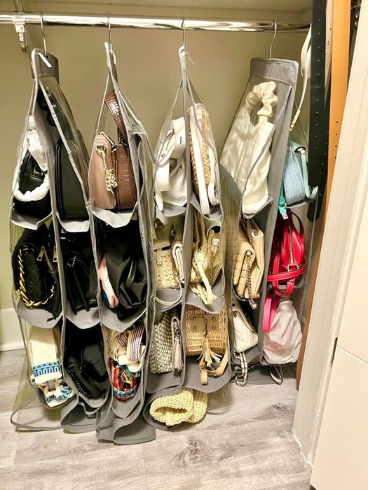 A closet organizer with multiple compartments, neatly storing a variety of handbags and purses for easy access