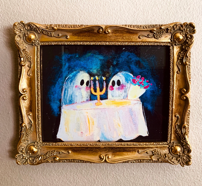 art print of two ghosts sharing a candlelit dinner in a Victorian-style gold frame