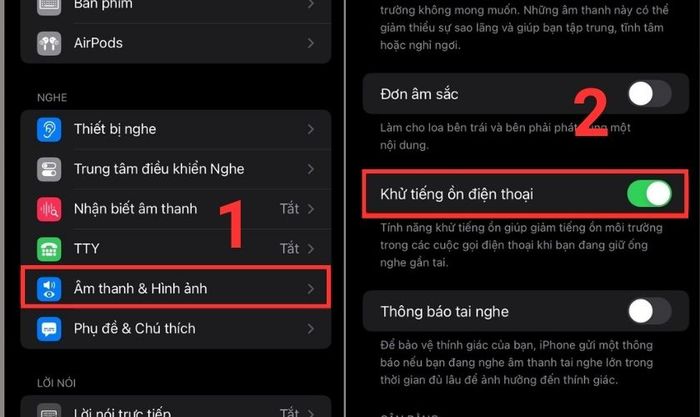 Trong mục Âm thanh & hình ảnh, bạn bật tính năng Khử tiếng ồn điện thoại lên