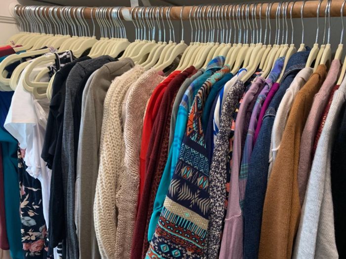 A closet rod filled with matching slim beige velvet hangers