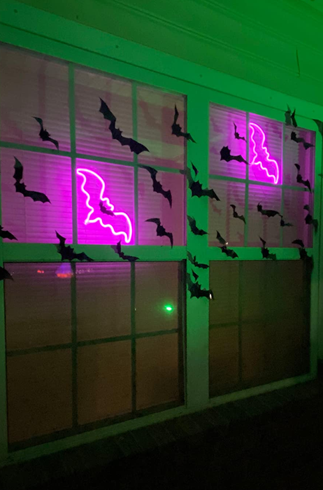two of the pink neon bats in a reviewer's window next to other black bats