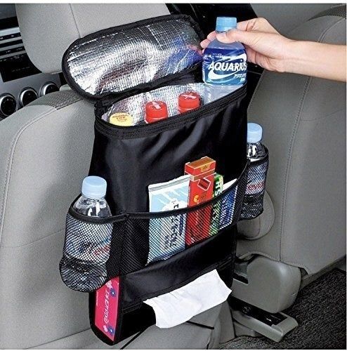 A car organizer with a thermal interior, complemented by three external pockets, two drink holders, and a tissue box.