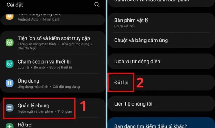 Chọn mục Đặt lại trong phần Quản lý chung
