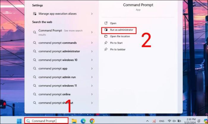Tìm kiếm Command Prompt trong thanh tìm kiếm và chọn Run as administrator.