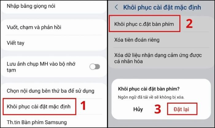 Chọn Khôi phục cài đặt bàn phím và nhấn Đặt lại