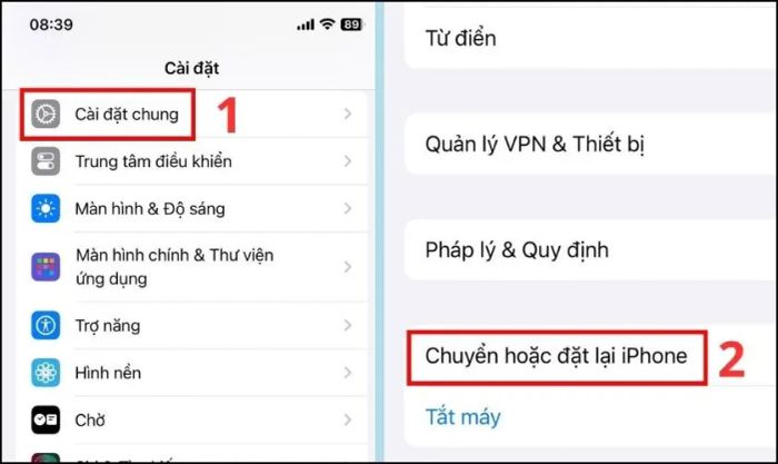 Chọn mục Chuyển hoặc đặt lại iPhone trong Cài đặt chung