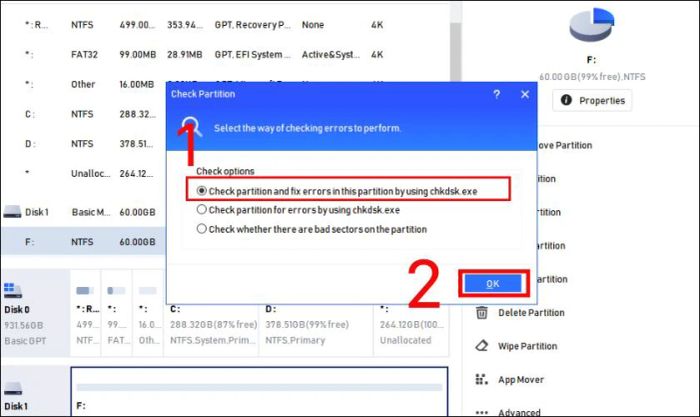 Chọn tiếp check partition and fix error in this partition by using chkdsk.exe. Nhấn OK và chờ đợi quá trình hoàn tất