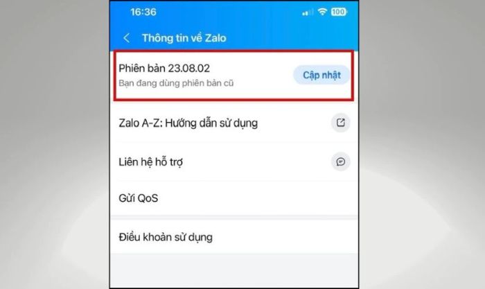 Kiểm tra thông tin phiên bản Zalo đang sử dụng