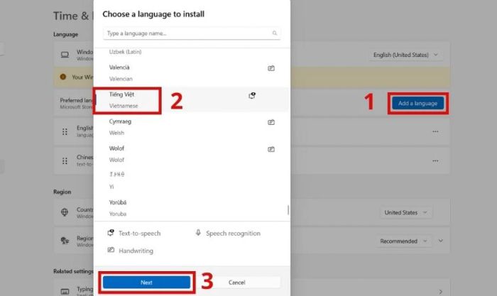 Kéo xuống dưới và chọn tiếng Việt, sau đó nhấn Next