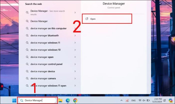 Tìm kiếm Device Manager trên thanh tìm kiếm của laptop và nhấn vào Open để tiến hành sửa lỗi ổ cứng Unallocated