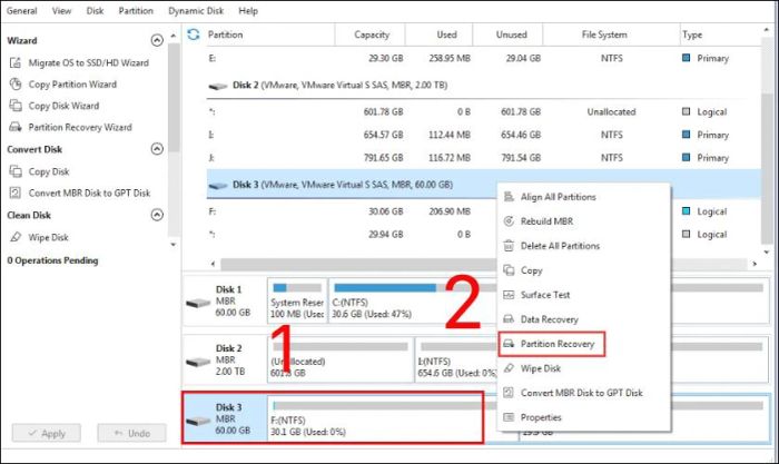 Nhấp chuột phải và chọn Partition Recovery từ Menu ngữ cảnh.