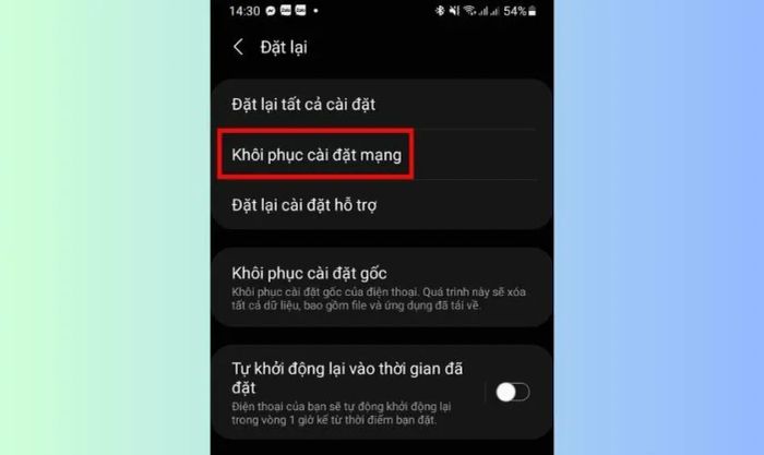Sau đó, bạn chỉ cần chọn Khôi phục cài đặt mạng để khắc phục tình trạng điện thoại không thể đăng ký vào mạng.
