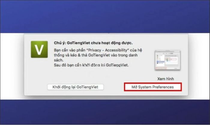 Nhấn vào Mở System Preference