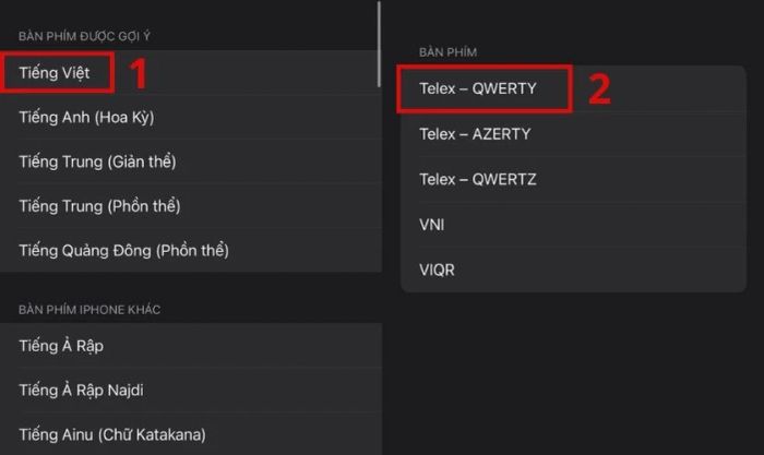 Tại mục tiếng Việt, chọn kiểu gõ Telex - QWERTY