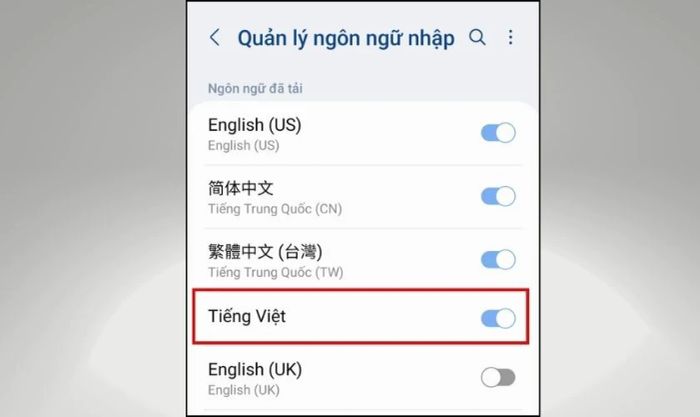Bật thanh gạt ở mục Tiếng Việt sao cho nó chuyển sang màu xanh