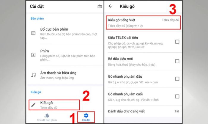 Tại mục Cài đặt, chọn Kiểu gõ và chọn Kiểu gõ tiếng Việt