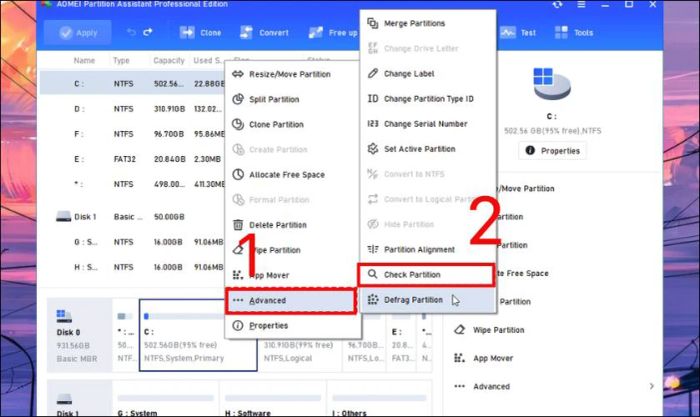 Chọn Advance và nhấn Check Partition