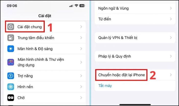 Chọn mục Chuyển hoặc đặt lại iPhone khi điện thoại gặp lỗi không đăng ký mạng