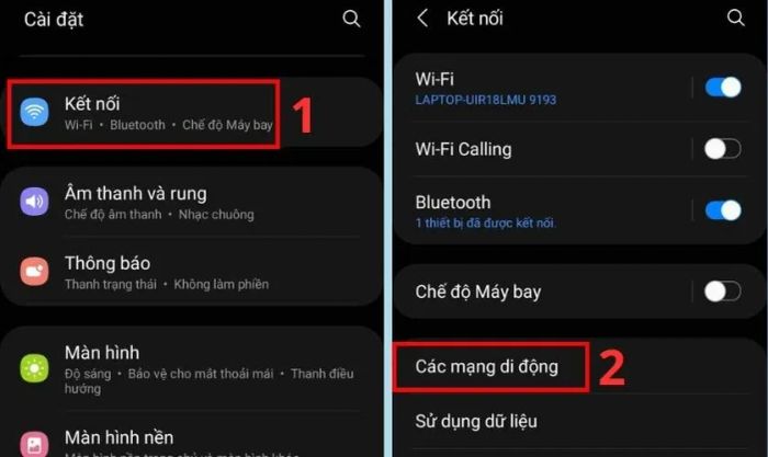 Chọn mục Các mạng di động trong phần Kết nối