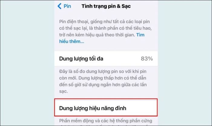 Nếu hiển thị thông báo Dung lượng hiệu năng tối đa, pin vẫn hoạt động bình thường