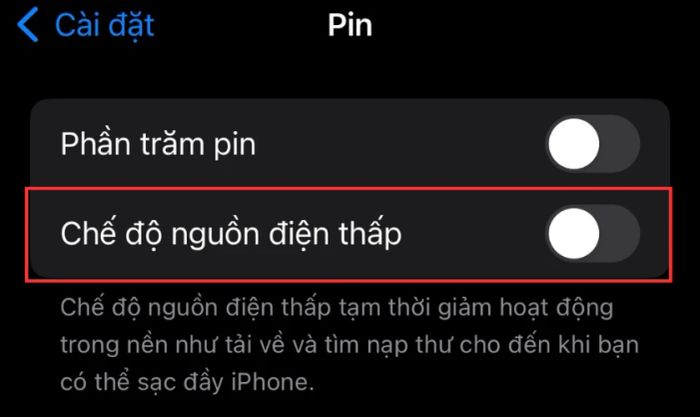 Tắt nút ở mục Chế độ nguồn điện thấp để dừng sử dụng tính năng tiết kiệm pin.