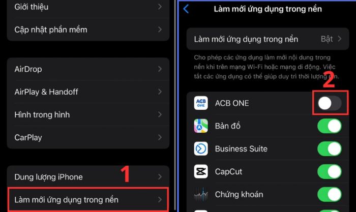 Cuộn xuống và chọn mục Làm mới ứng dụng trong nền