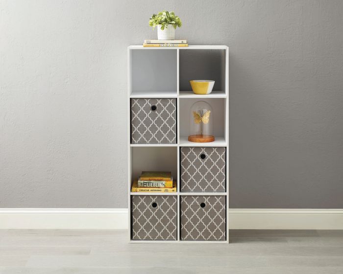 a white organizer with eight cube compartments