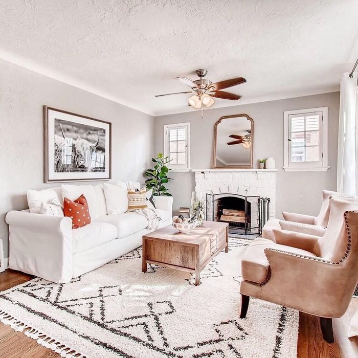 The tasseled beige area rug placed in a living room