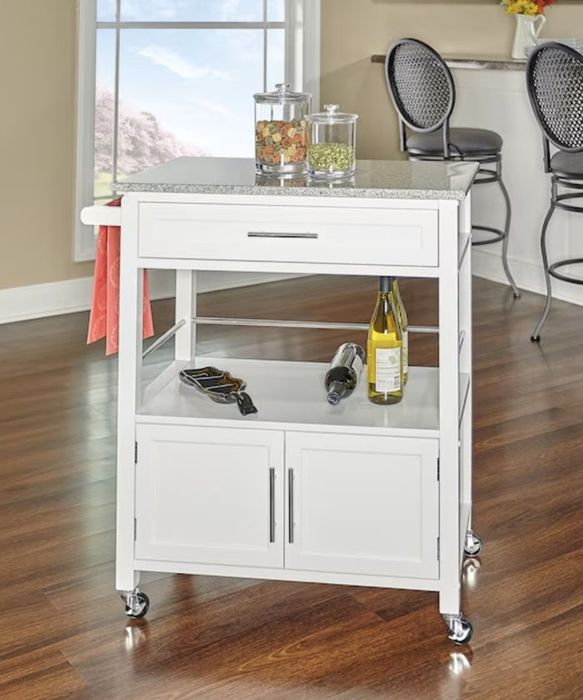 mobile cart featuring wine storage and accessories