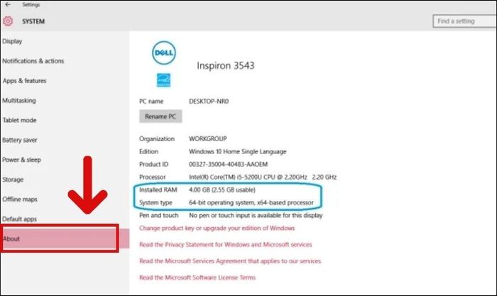 Cuộn xuống và chọn mục About để kiểm tra thông tin về RAM của laptop.