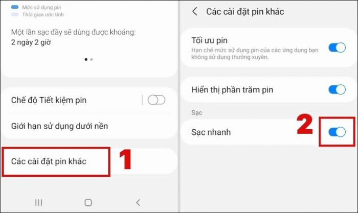 Trong giao diện mở ra, chọn Các cài đặt pin khác và nhấn bật Sạc nhanh như hình dưới đây