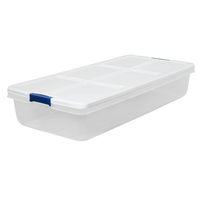 a plastic storage container designed for under-bed use
