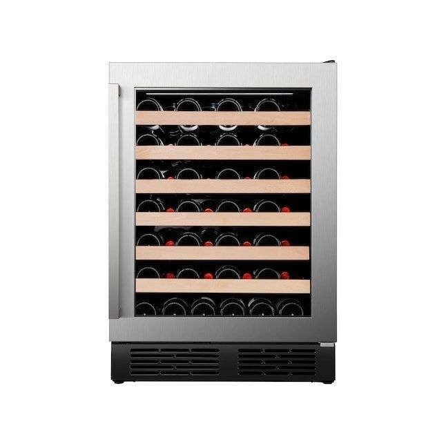 a wine fridge with six shelves stocked with wine bottles