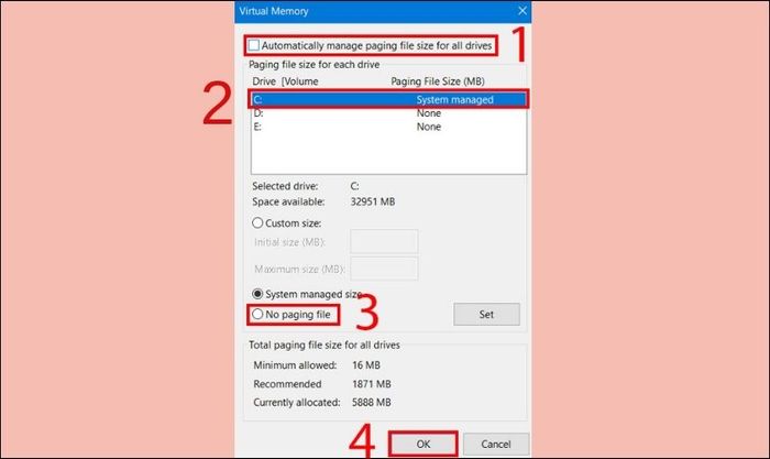 Bỏ chọn ô Automatically manage paging file size for all drives