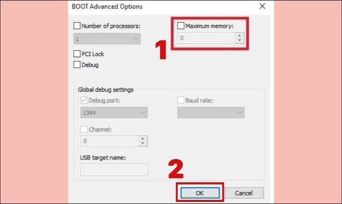 Bỏ dấu tick ở ô Maximum Memory để đảm bảo hệ thống nhận đủ RAM.