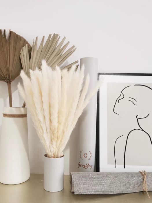 a reviewer’s vase filled with white pampas grass