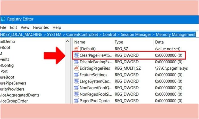 Xác định và nhấp chuột vào dòng ClearPageFileAtShutdown