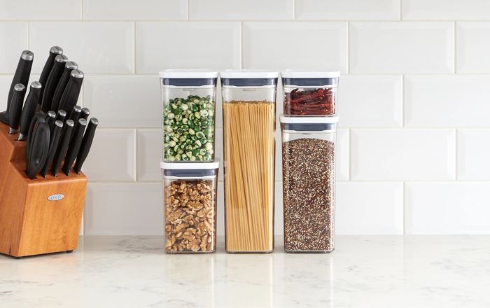 stackable food storage canisters filled with dry ingredients
