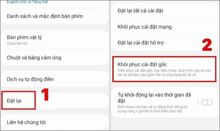 Tiếp theo, bạn chọn Đặt lại và bấm vào Khôi phục cài đặt gốc