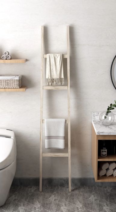 a leaning blanket ladder in a bathroom, adorned with towels